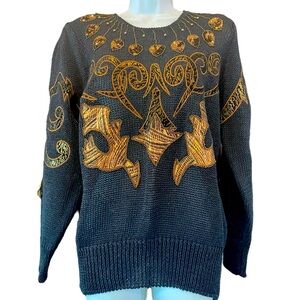 Vintage 1980's Christine Black And Bronze Knit Sweater Applique Sequin Size L